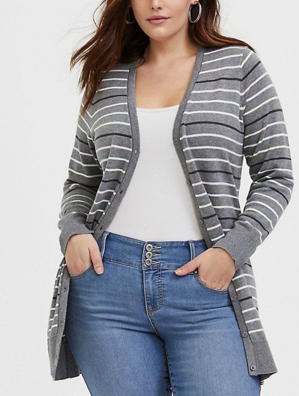 Torrid Gray Pastel Striped Button Front Ribbed Knit Boyfriend Cardigan Sweater
